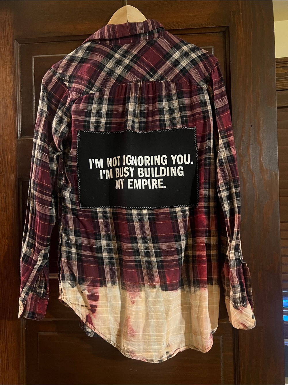 Button-Front Plaid Flannel Shirt with Dip-Dye Hem